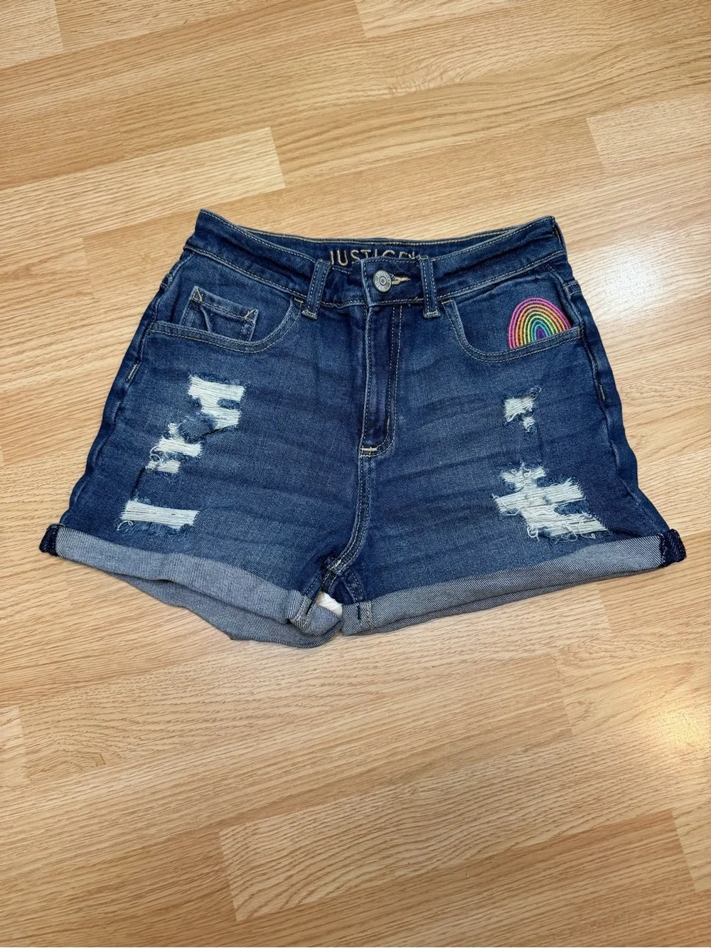 Justice Girls Size 16 Rainbow Embroidered Distressed Cuffed Denim Shorts